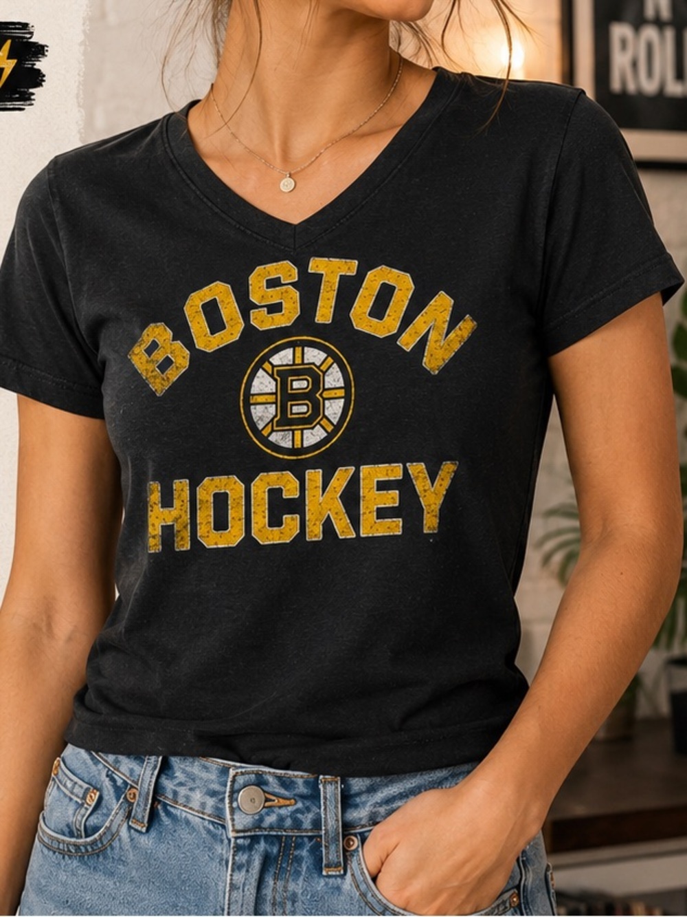 Boston Hockey Black V-Neck Tee with Yellow Logo SMALL